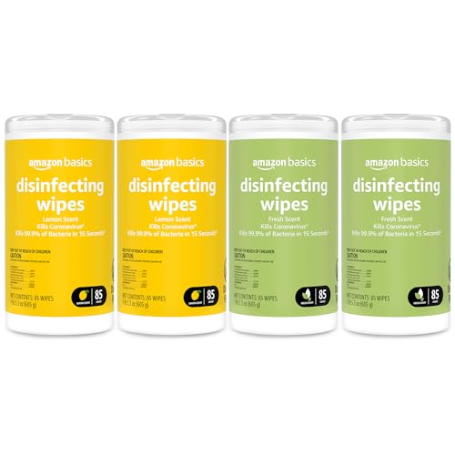 Amazon Basics Disinfecting Wipes. Lemon & Fresh Scent. Sanitizes/Cleans/Disinfects/Deodorizes. 340 Count (4 Packs of 85)