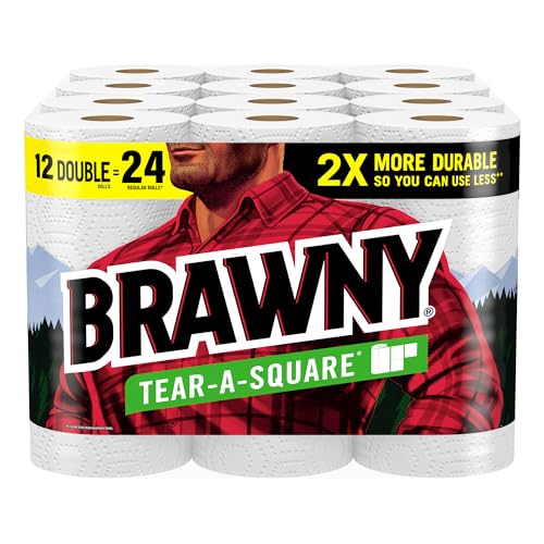 Brawny Tear-A-Square Paper Towels. 12 Double Rolls = 24 Regular Rolls. 3 Sheet Sizes (Quarter. Half. Full). Strength for All Messes. Cleanups. and Meal Prep